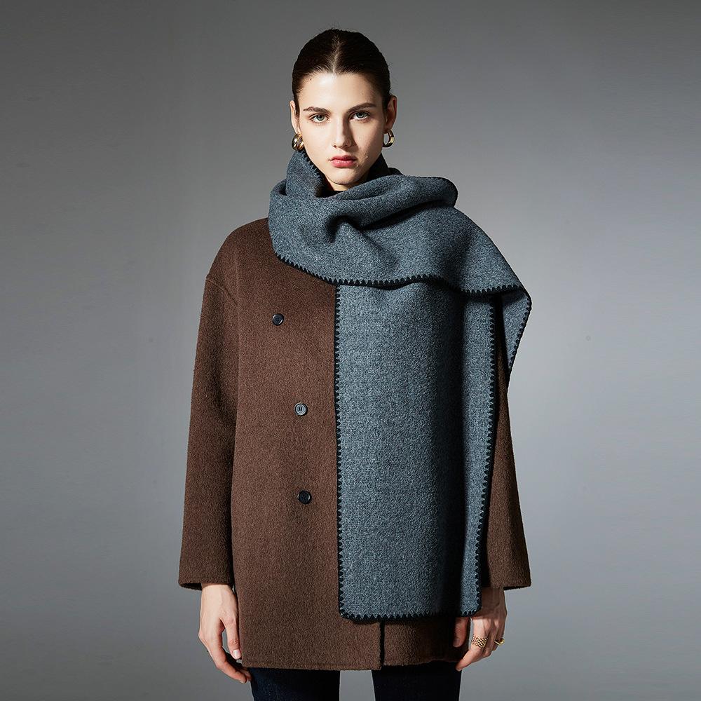 Women Long Warm Wool Blend Scarf Contrast Stitching Edge Soft Solid Color Neck Shawl Wrap for Autumn Winter Daily Coat Matching