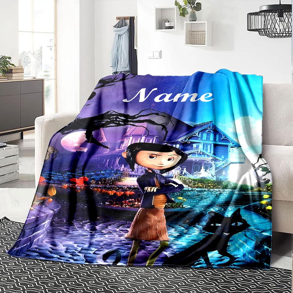 Custom Name Coraline Theme Printed Blanket - Perfect for Couch, Bed, Travel & Outdoor Use | Machine Washable, Cozy & Durable.