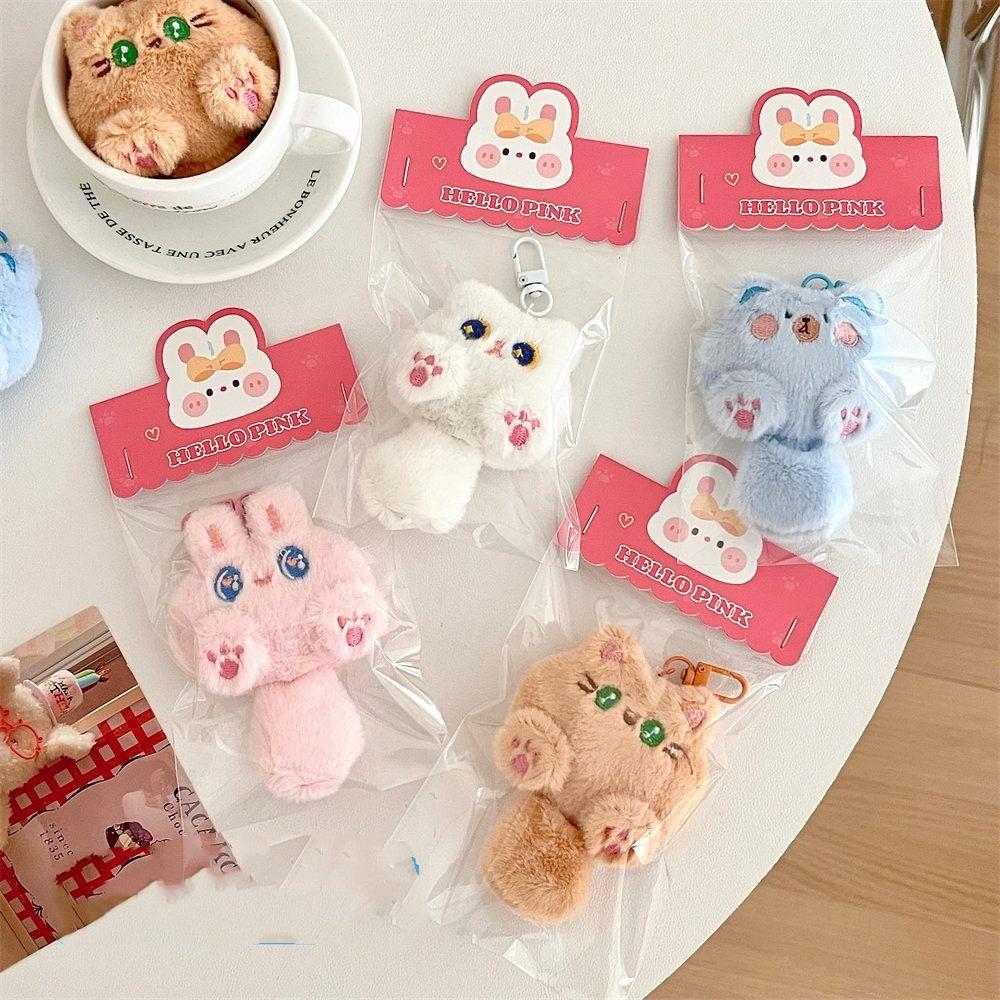 Soft Cute Cat Plush Keychain Stuffed Animal Pendant with Tail Rabbit Doll Keyring Couple