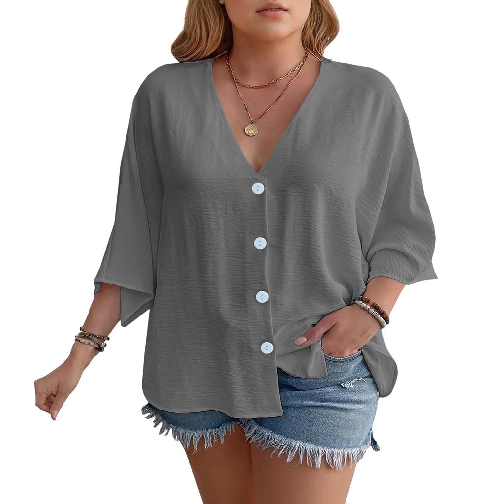 Women's Casual V Neck Button Shirt Classic Short Sleeve Shirt Tops Fashion Loose Solid Color