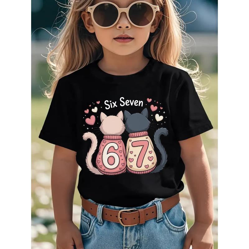 European sizes Girls' Short Sleeve T-Shirt for Valentine'S Day | Casual And Versatile Top Featuring a Cartoon Cat