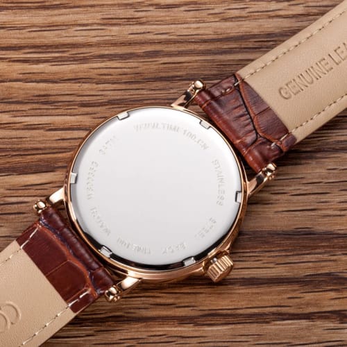 Time100 Men's Watch with Date, Day of the Week, and Day/Night Display, Made In Japan Movement, Brown Leather Strap, Rose Gold, for Businessmen and Adu
