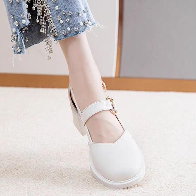 Thick with Summer Leather Shoes Female Sweet Temperament High with Round Head Sandals Female