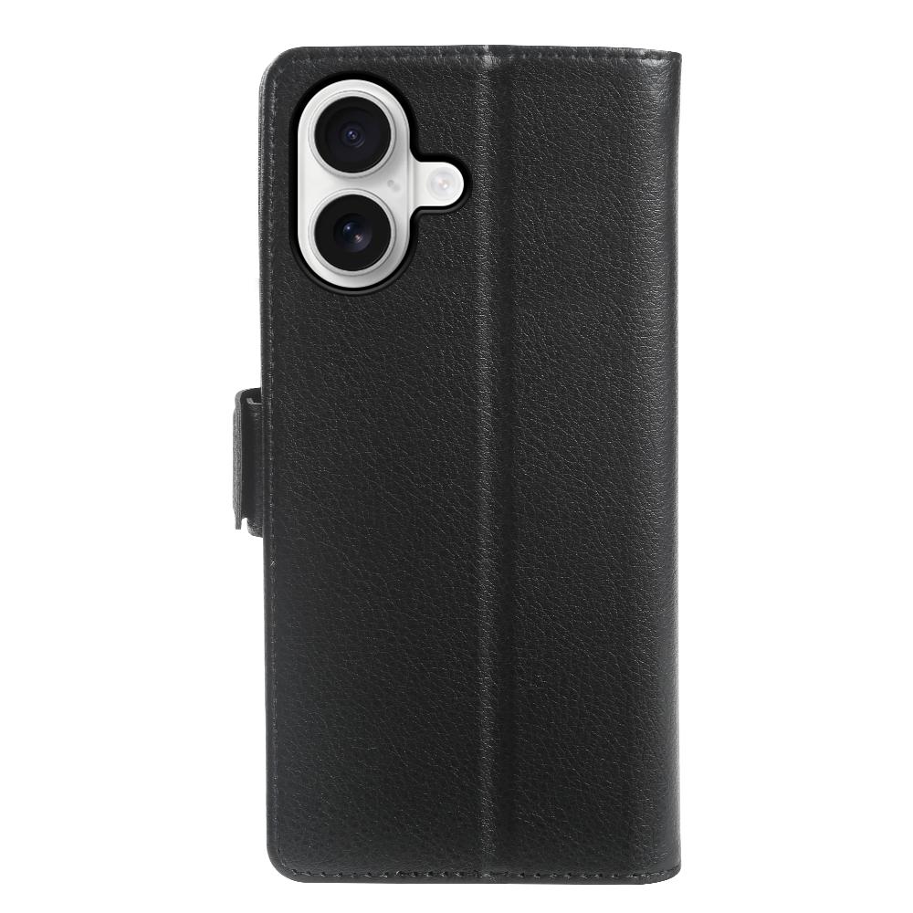 For iPhone 16 Wallet Case with Dual Magnetic Clasp Litchi Textured Leather Flip Stand Phone Cover