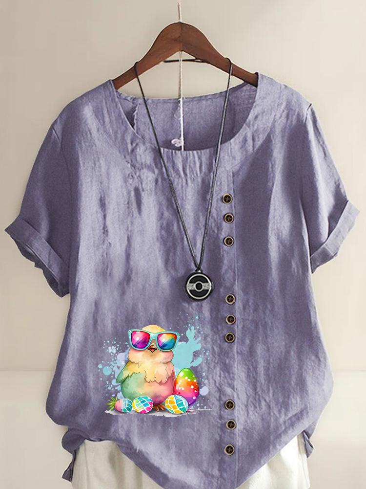 Women's Fashion Cute Chick Print Round Neck Short Sleeve T-shirt Casual Cotton Linen Graphic Shirt Leisure Loose Summer Blouse Tops