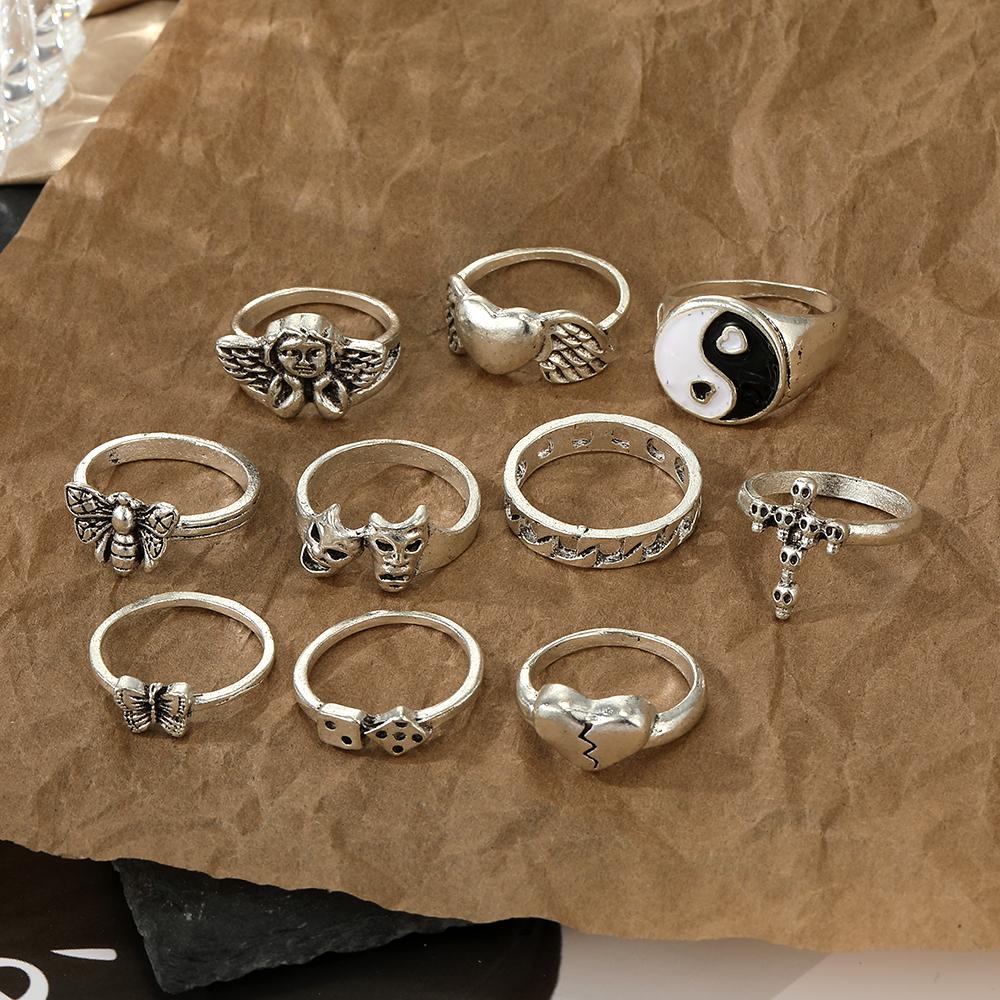 10 шт. набор колец с выдолбленным скелетом Тай Чи и бабочкой в ​​виде ангела любви и креста
