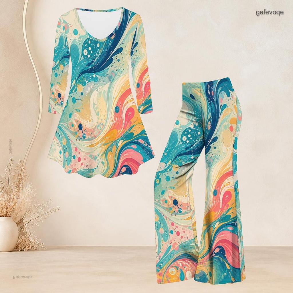 Women Plus Size Black Pink Purple Printed V Neck Three Quarter Sleeve Flared Top Flared Pants Two Piece Set