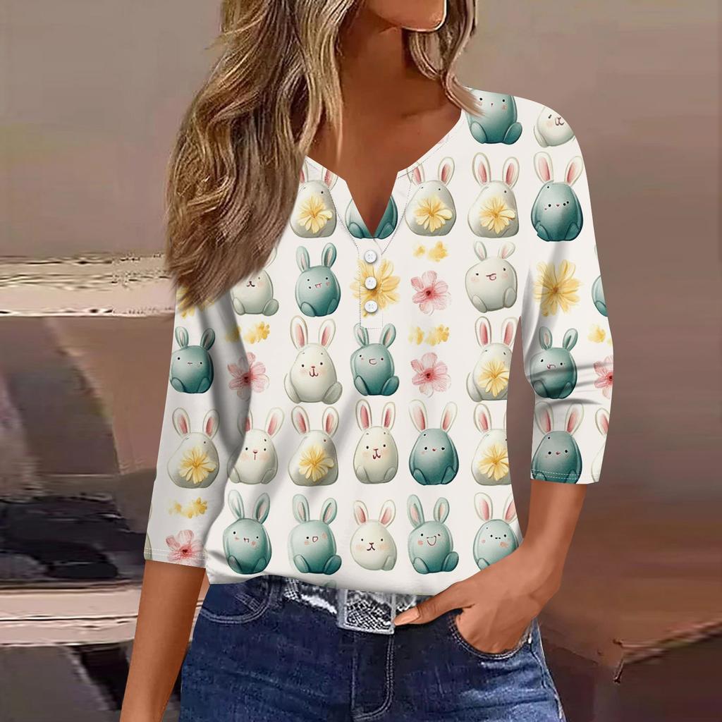 Жен. Футболка Футболка С принтом Пуговицы Рукав 3/4 Повседневные Выходные Мода Классический V-образный вырез Обычный Топ