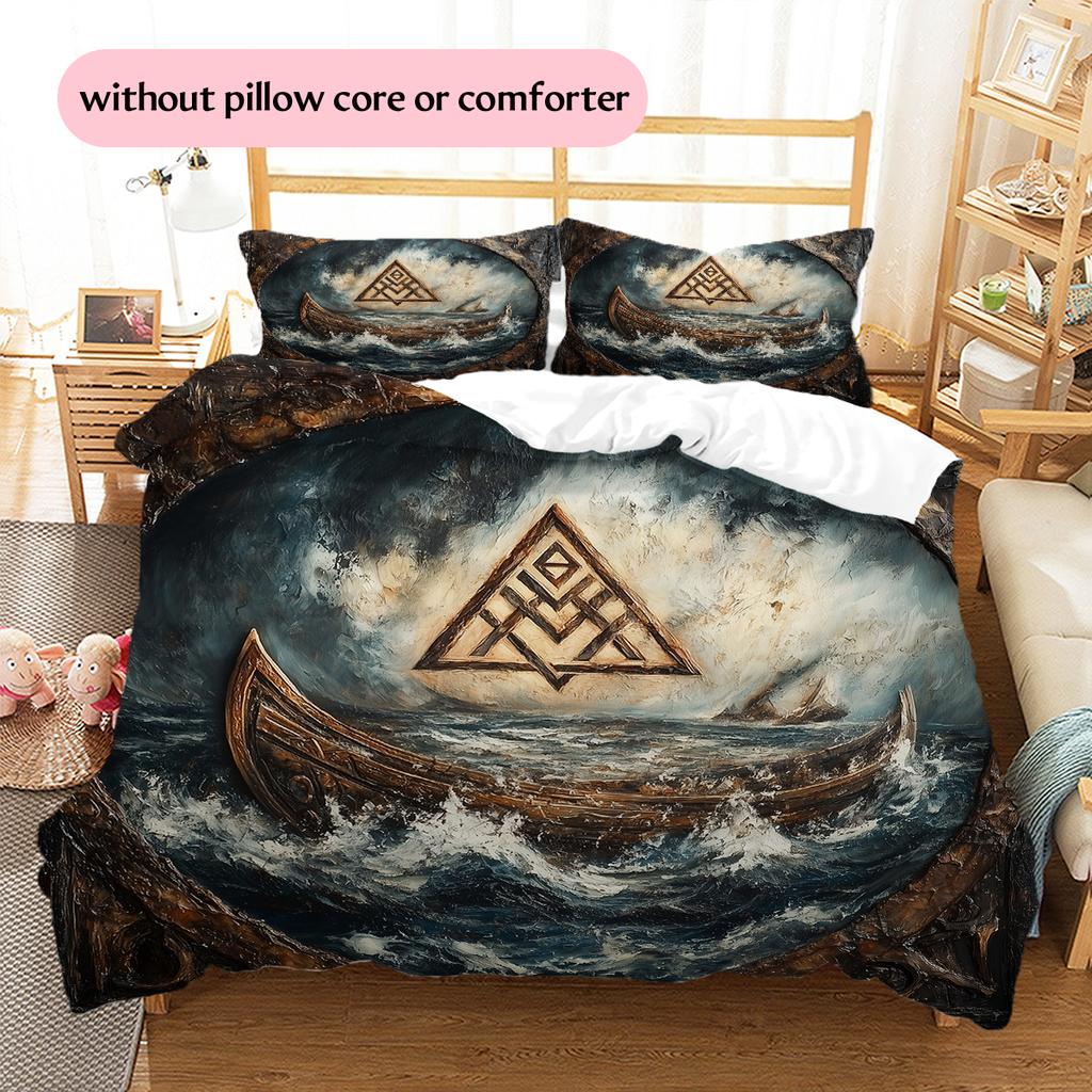 Постельное белье с узором «Драккар викингов» Домашний декор Подарок на день рождения (1 пододеяльник + 2 наволочки, без наполнителя)