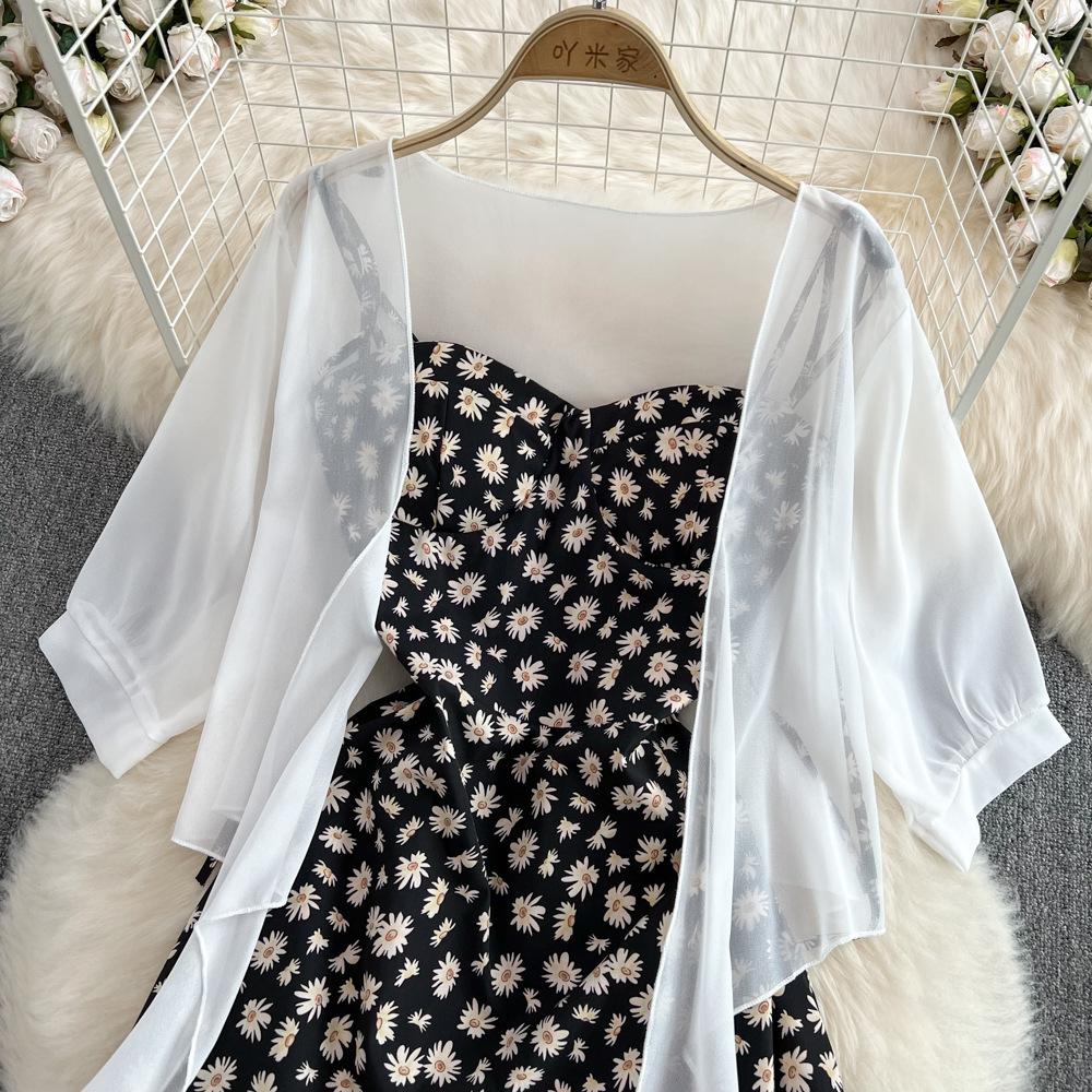 Women Summer Floral Print Two Piece Slim Vacation Elegant Ladies A Line Short Dress