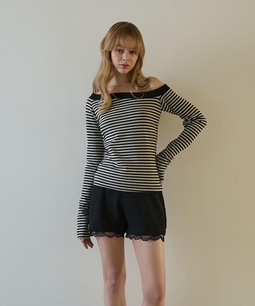 5OML One-Sided Off-Shoulder Striped Long Sleeve Black