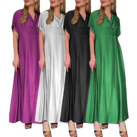 Весеннее женское платье с V-образным вырезом и коротким рукавом, свободное, трапециевидное, чистого цвета, длиной до щиколотки