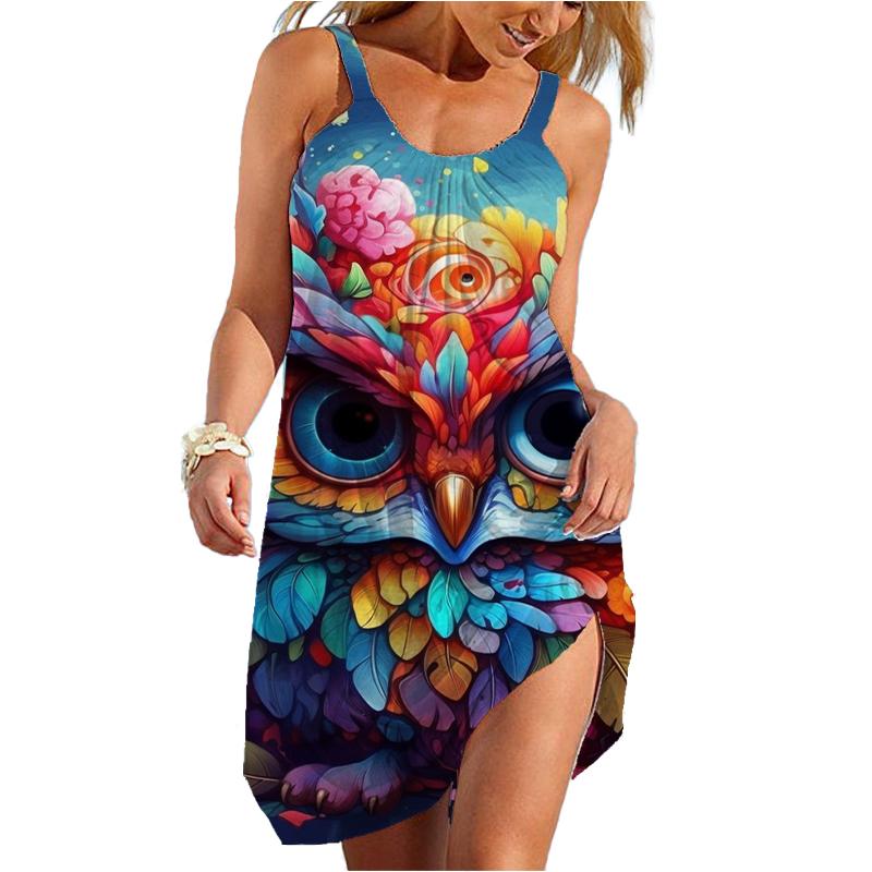 Летнее Новое Пляжное Платье с 3D Принтом Совы, Гавайское Сексуальное Платье с Рукавами на Плечах, Летнее Платье Traf, Платье с Цветами для Женщин