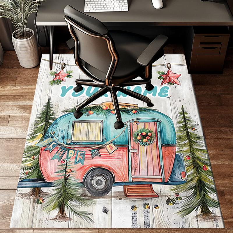 1PC Custom Name Christmas Camper Theme Floor Mat Ideal for Living Room, Game Rooms, Office, Bedroom, Floor Mat Playful Design