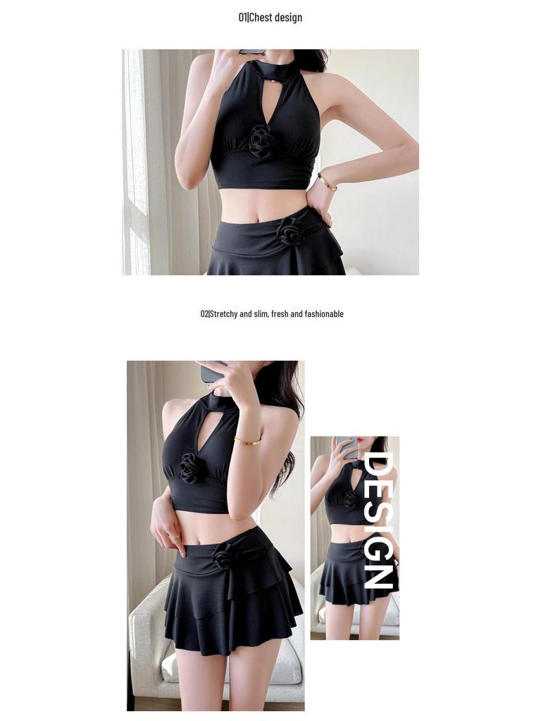 Solid Color Skirted Swimsuit: Split Design, Tummy-Covering, Fairy Style, Slimming, Conservative, Fresh Look for Women