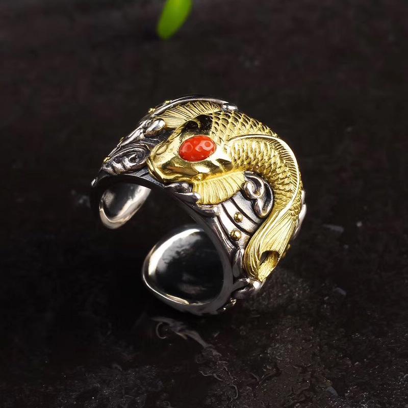 Men's Koi Adjustable S925 Silver Thumb Ring - Handmade Retro Ethnic Style Jewelry