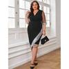 Women's Sheer Mesh Sleeve V-Neck Gold Velvet Sequin Midi-Length Plus Size Cocktail Dress