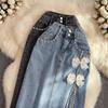 Джинсовая юбка женская летняя с высокой талией средней длины закрывающая промежность чтобы показать стройность с бусинами разрезом А-силуэта юбка на бедра