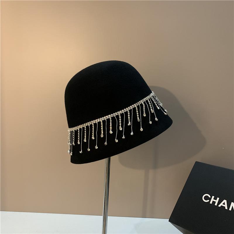Women's Fashionable Bucket Cap with Diamond Chain Basin Cap Autumn Wool Warm Fisherman Cap