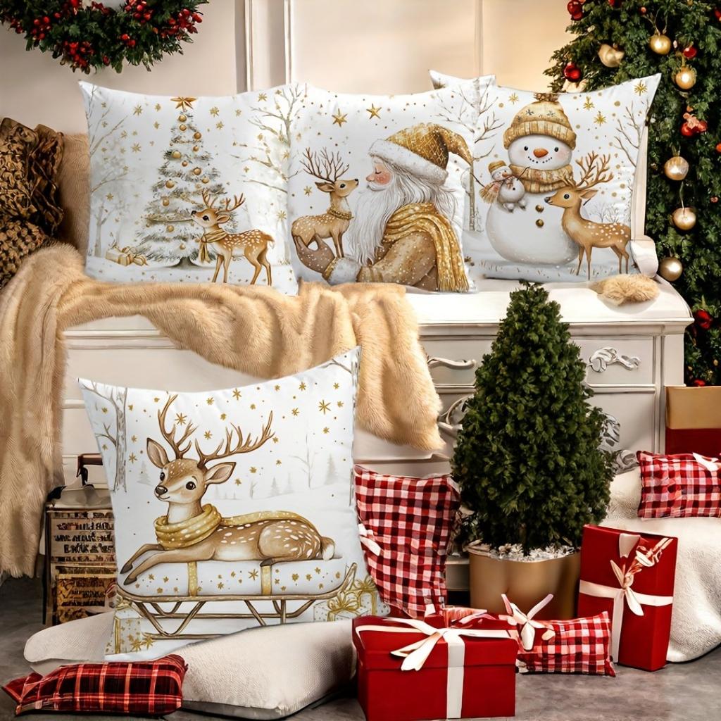 1pc Golden Christmas Cushion Cover Deer Snowman Durable Cover 2025 New for Home Ornament Xmas New Year Christmas Decoration