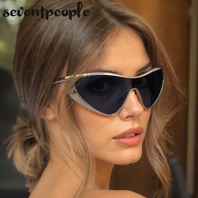Sexy Cat Eye One-Piece Y2K Punk Sunglasses Women Luxury Brand Trendy Steampunk Shield Sunglass Vintage Metal Shades UV400