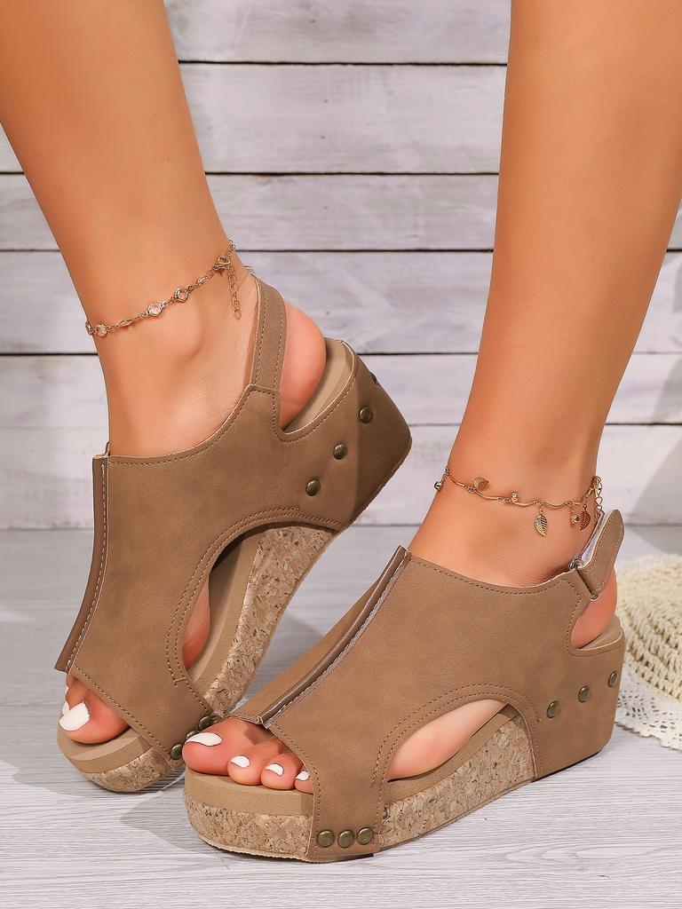 Большой размер 2025 лето новые сандалии на танкетке толстой подошве на липучке с открытым носком заклепки маффин пайетки женские сандалии