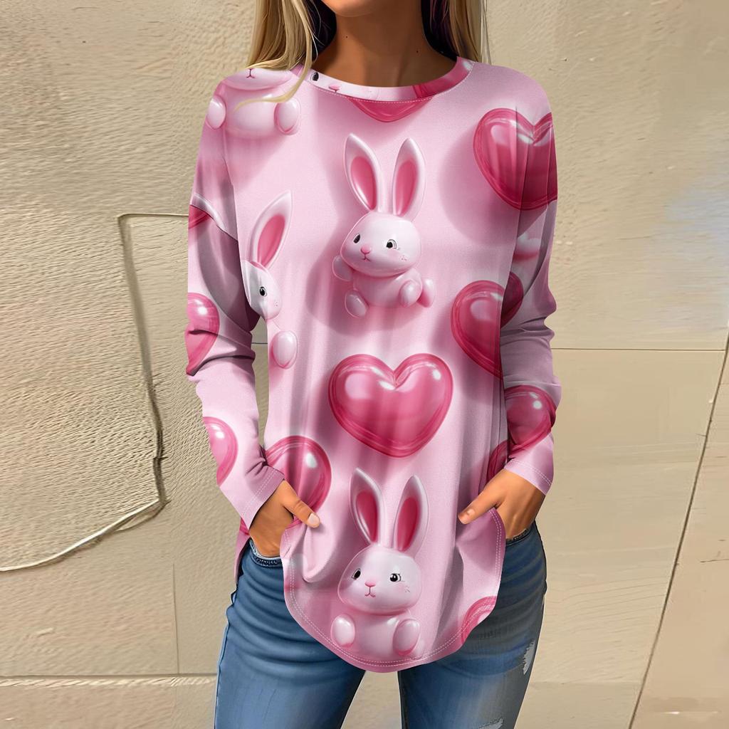 Tee Shirts For Women Casual Round Neck Long Sleeve Shirts Valentine's Day Printing Top Pullover