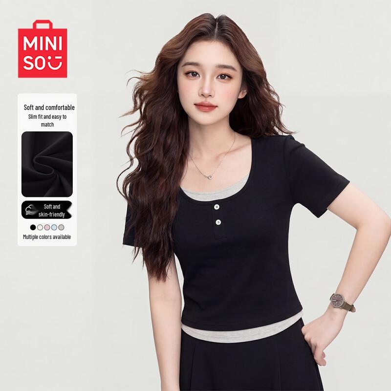 MINISO Женская футболка с квадратным вырезом и коротким рукавом