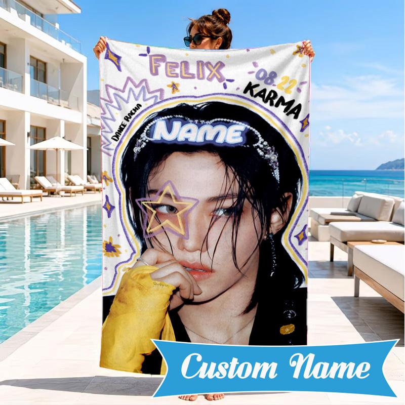 Custom Name K-pop Idol Collage Beach Towel Microfiber Beach Towel, Lightweight and Quick-Dry, for Summer Travel, Swimming Pool Gift