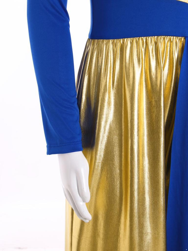 Girls Praise Dance Bodysuit Metallic Color Block Design Patchwork Irregular Drape Wide Leg Jumpsuit