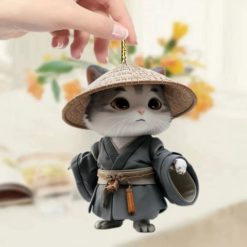 Cat Straw With Hat Acrylic Car Pendant For Christmas Party Decor Interior And