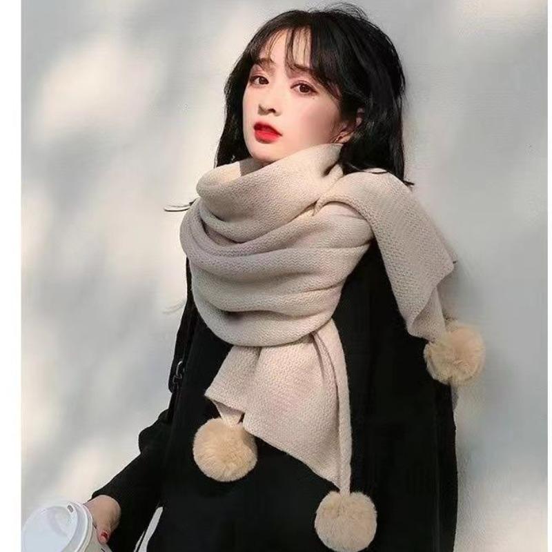 Scarf Winter New Korean Version Baiqiu Winter Solid Color Student White Hanging Ball Knitted Wool Winter Girl Scarf
