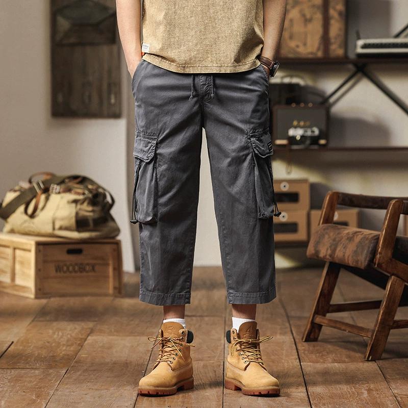 Мужские укороченные брюки, Мужские повседневные брюки, Свободные хлопковые укороченные брюки, Мужские рабочие брюки, Шорты с несколькими карманами, Тонкий дизайн