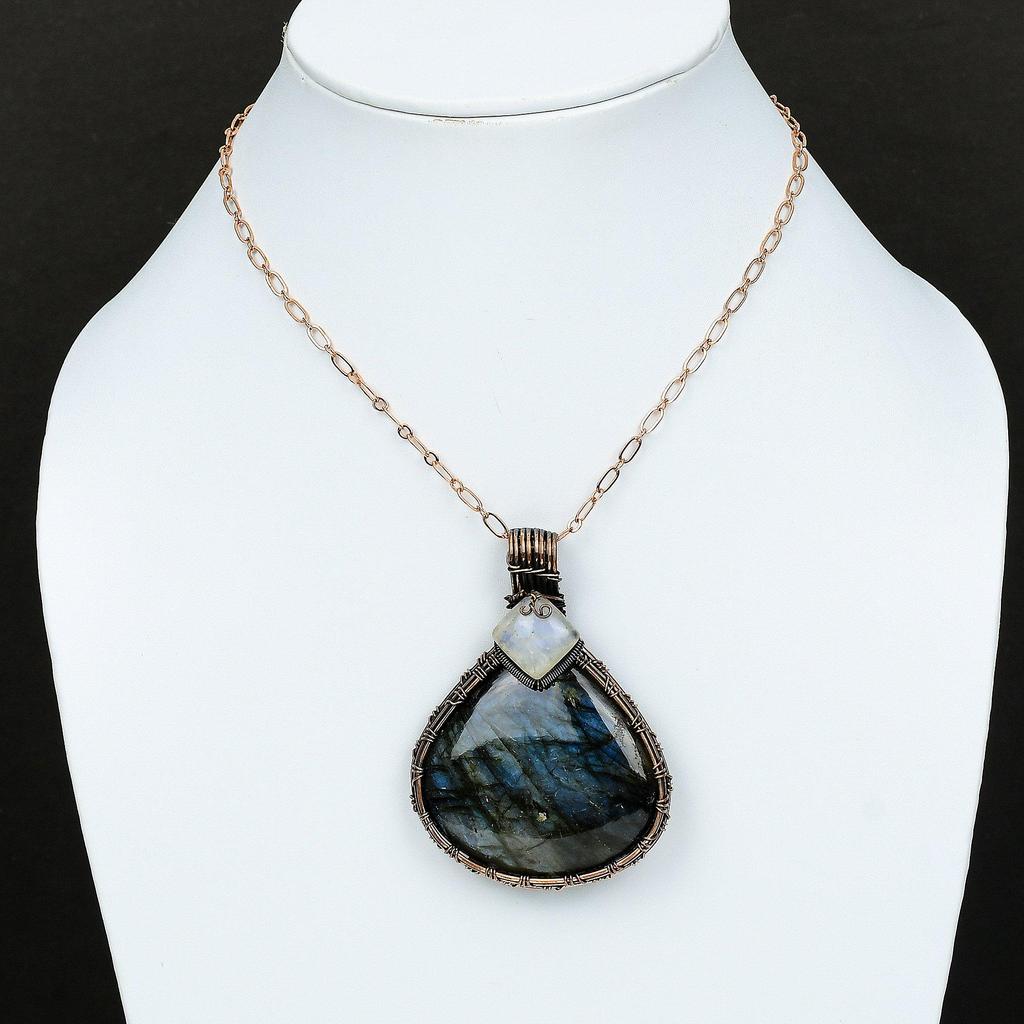 Кулон из лабрадорита, медная проволока, обернутая подвеской, лунный камень, ювелирные изделия ручной работы, подвеска из драгоценного камня, медная проволока, ювелирные изделия для мамы, обернутые проволокой ювелирные изделия