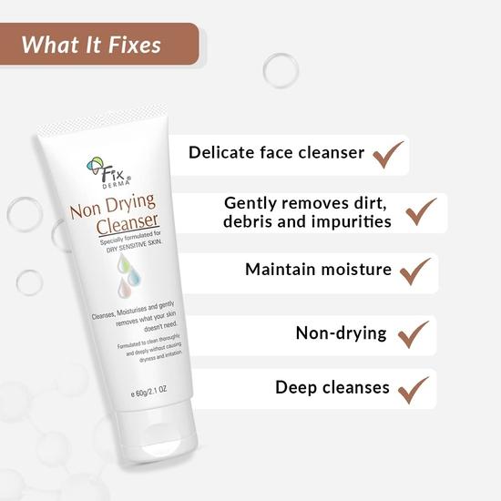 Fixderma Non Drying Cleanser, очищающее средство без мыла со сбалансированным pH, очищающее поры, протестированное дерматологами, не вызывающее раздражения кожи - 60 г