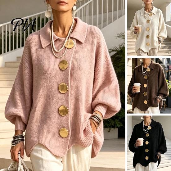 Long Sleeve Sweater Women Oversized Knit Cardigan Sweater, Collared Top with Large Metal Buttons, Loose Lantern Casual for Spring Autumn Button Front