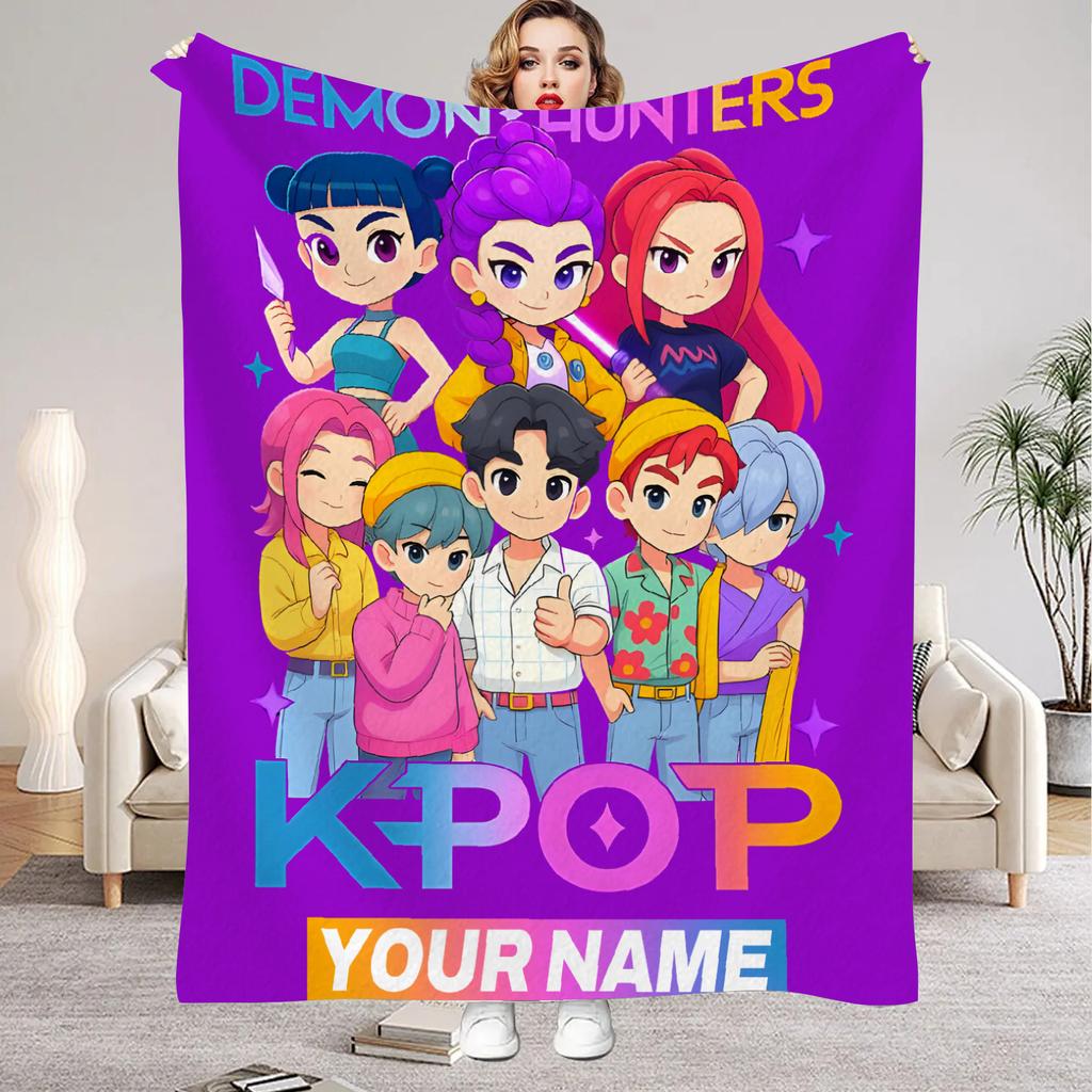 K-Pop Demon Hunters Huntrix Custom Name Blankets Living Room Sofa Christmas Bithday Gifts For Kids Soft Flannel Throw Blanket