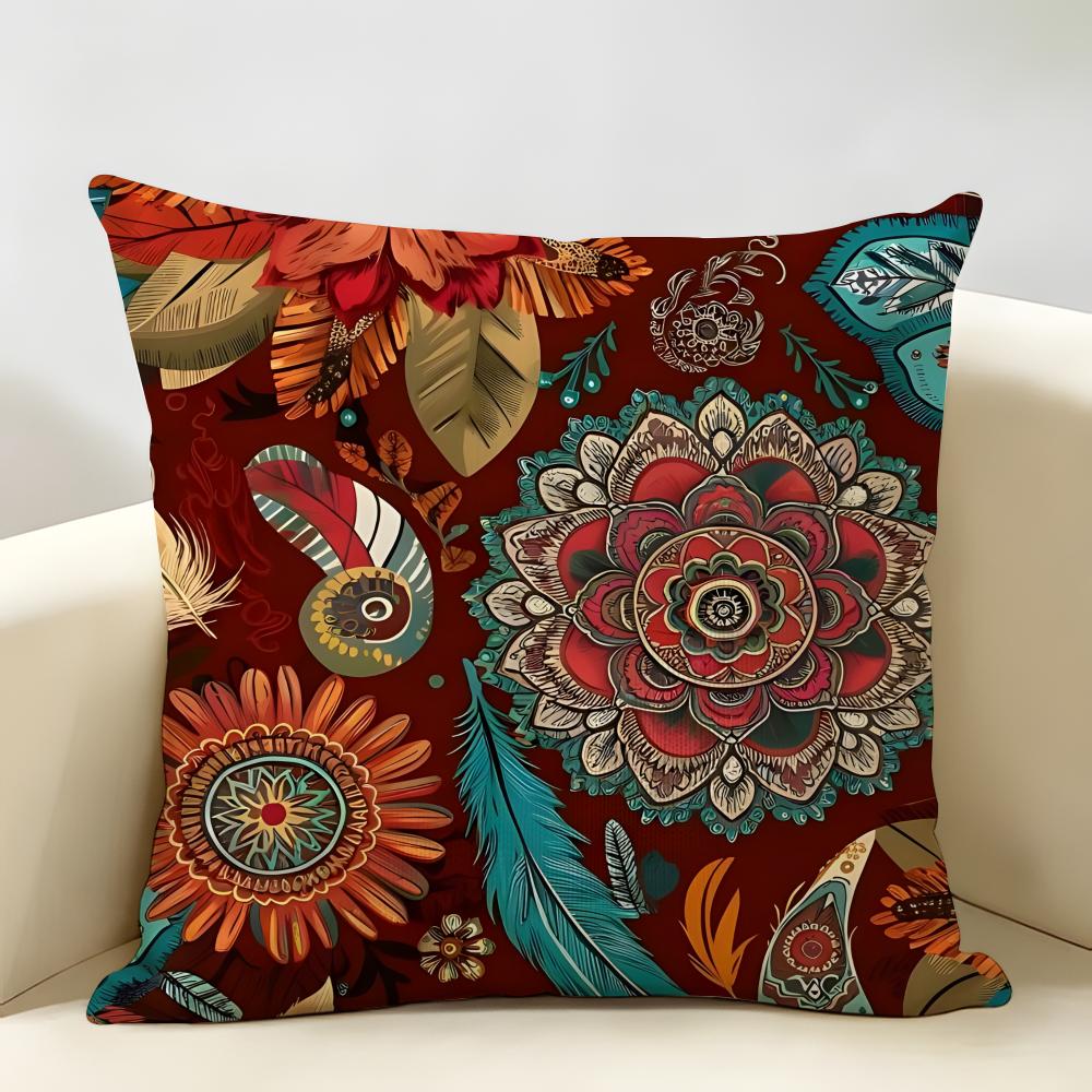Red Bohemian Style Cushion Cover Natural Linen Organic Fabric Double-Sided Printing Breathable Perfect For Home Decor