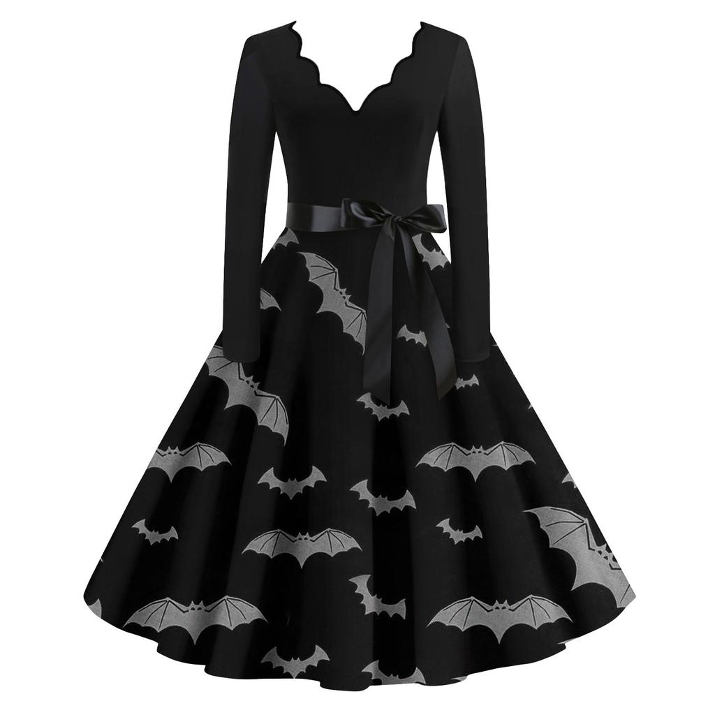 Женские повседневные модные винтажные длинные платья с длинным рукавом на Хэллоуин и графическим принтом