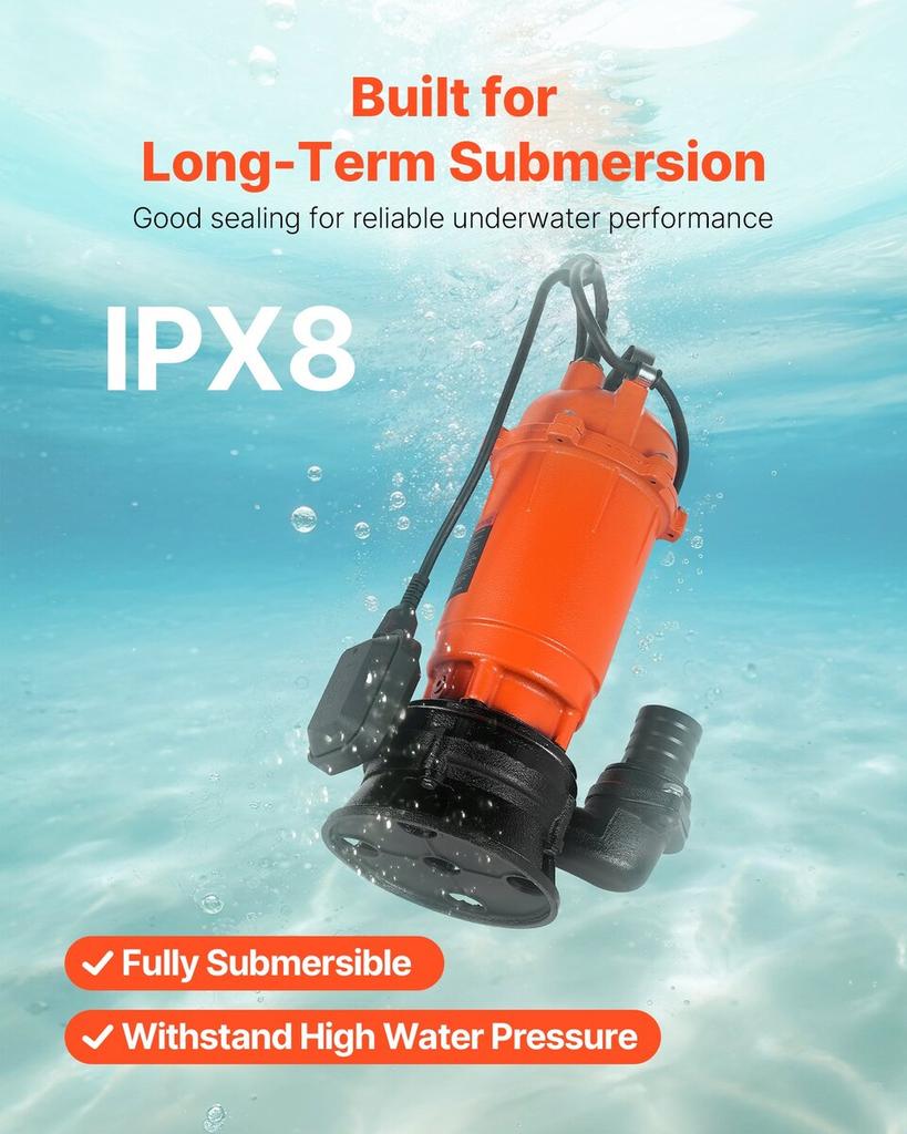 1500W Submersible Trash Pump, 21000 L/H, Cast Iron Submersible Sump Sewage Pump with Automatic Float Switch, 18M Max Lift, Draining Dirty Clean Water,