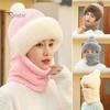 Women Winter Hat with Integrated Scarf Cold-proof Front Cover Thick Plush Warm Full Protection Outdoor Cycling Travel Cold Weather Cap