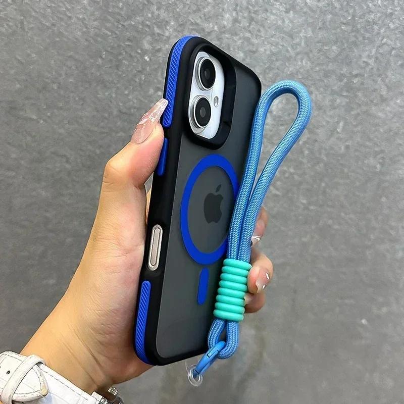 Роскошный матовый чехол для телефона Magsafe со шнурком для iPhone 17 16 15 14 13 12 11 17 Pro Max Air Магнитный цветной бампер Задняя крышка