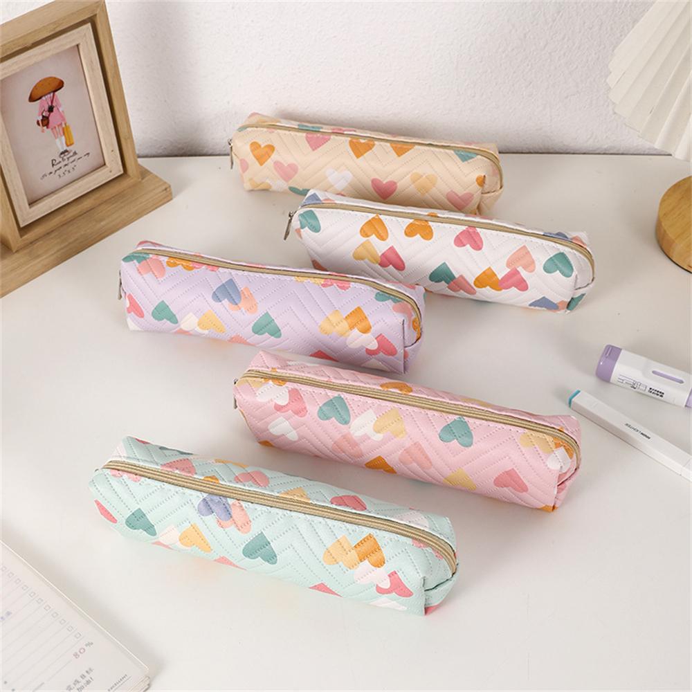 Cute Heart Pen Bag Student Stationery Bag Pencil Case Multifunctional Stationery Organizer Zipper Pouch School Supplies