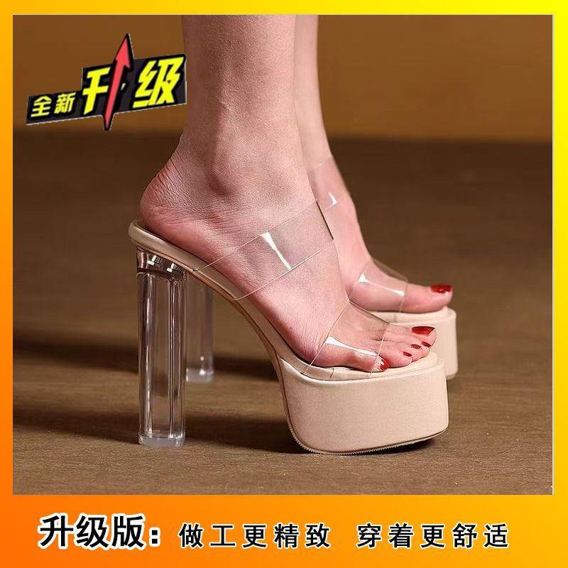 Internet Celebrity Fashion Word with Transparent High Heel Cool Slippers Wear 2025 New Women's Thick Heel Crystal and Nude Sandals