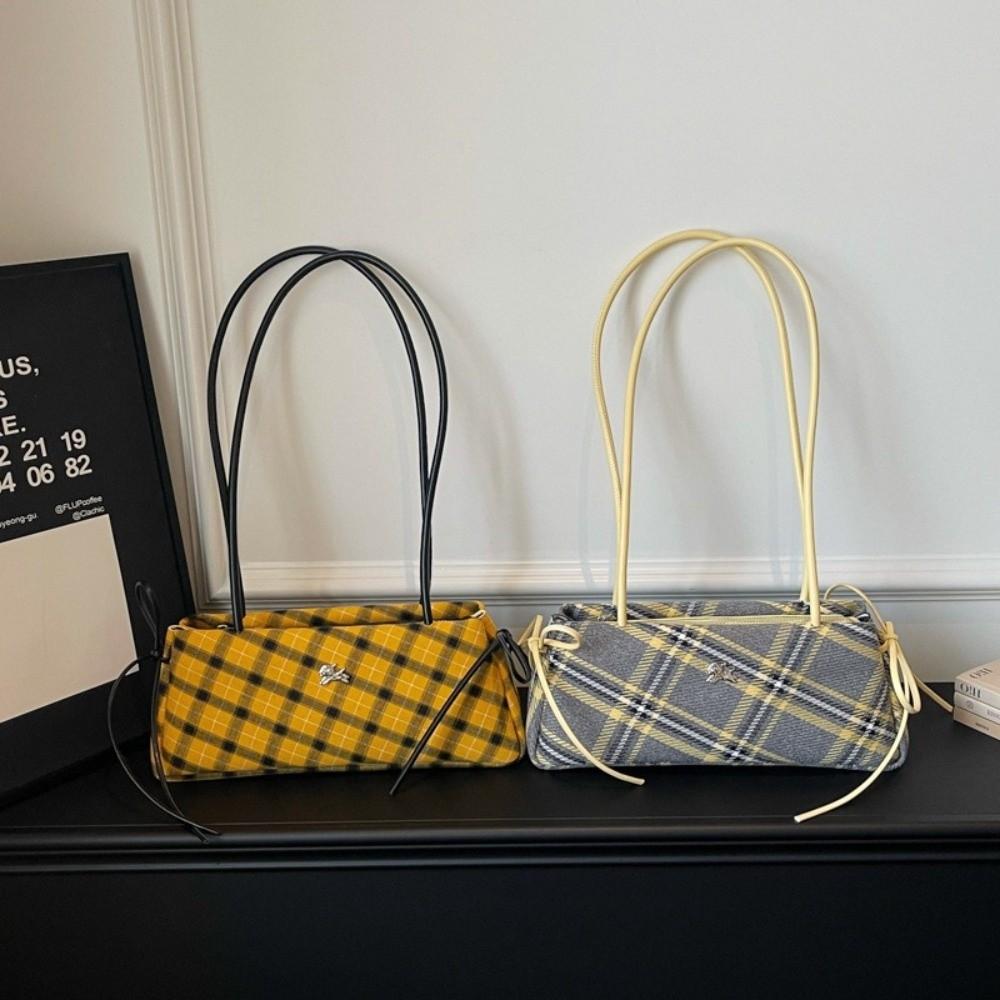 Retro Striped Plaid Shoulder Bags Simple Style Long Strap Underarm Bag Zipper Bow Handbags  Women