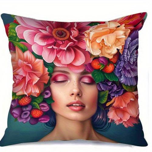 Home Decor Floral Portraits: Women & Colorful Blooms Pattern Cushion Cover Suitable for Sofa Bedroom Car Pillow Cover