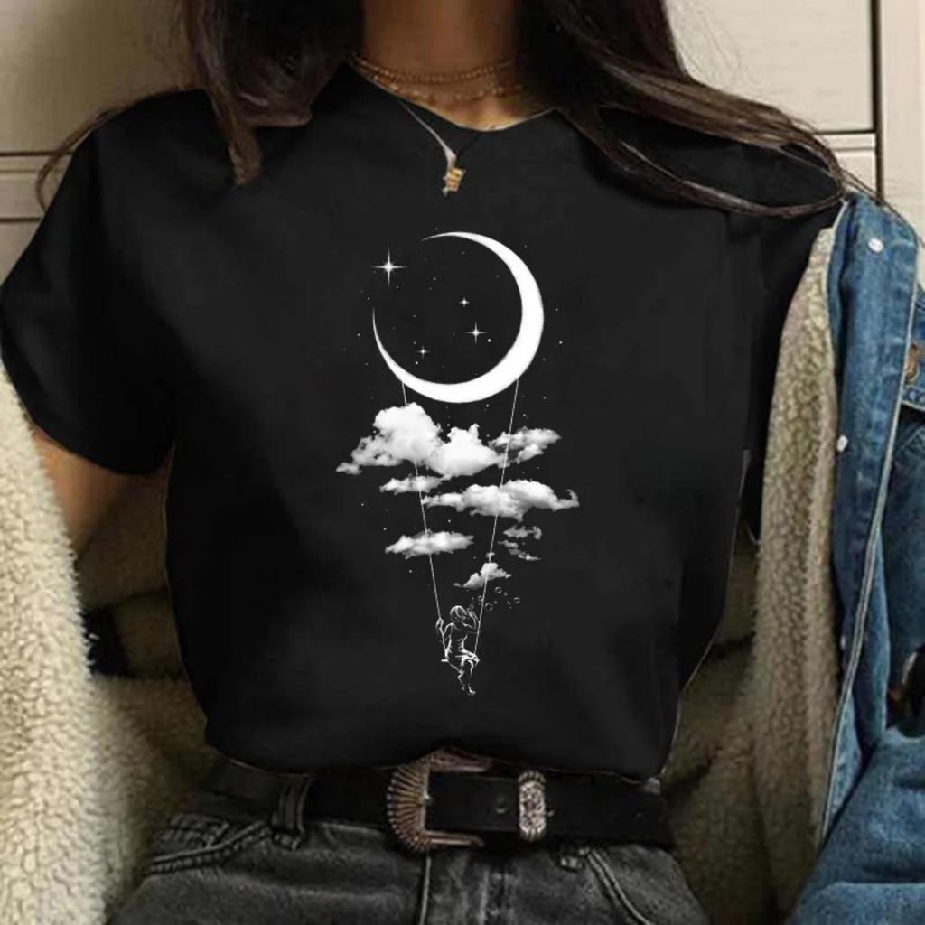 Women's Moon Space Harajuku Cartoon Graphic Printed T-Shirt Girl Summer Kawaii Tee Shirt Black Casual Funny 90s Clothes