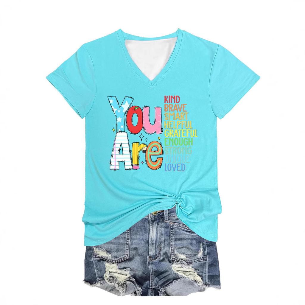 Летний топ с V-образным вырезом и 3D-печатью в виде букв, модные повседневные женские футболки с короткими рукавами