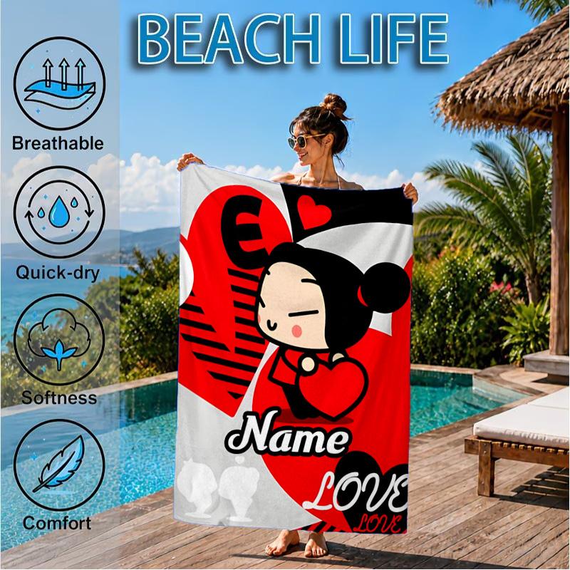Custom Name Love Heart Beach Towel Microfiber Beach Towel, Lightweight and Quick-Dry, for Summer Travel, Swimming Pool Gift