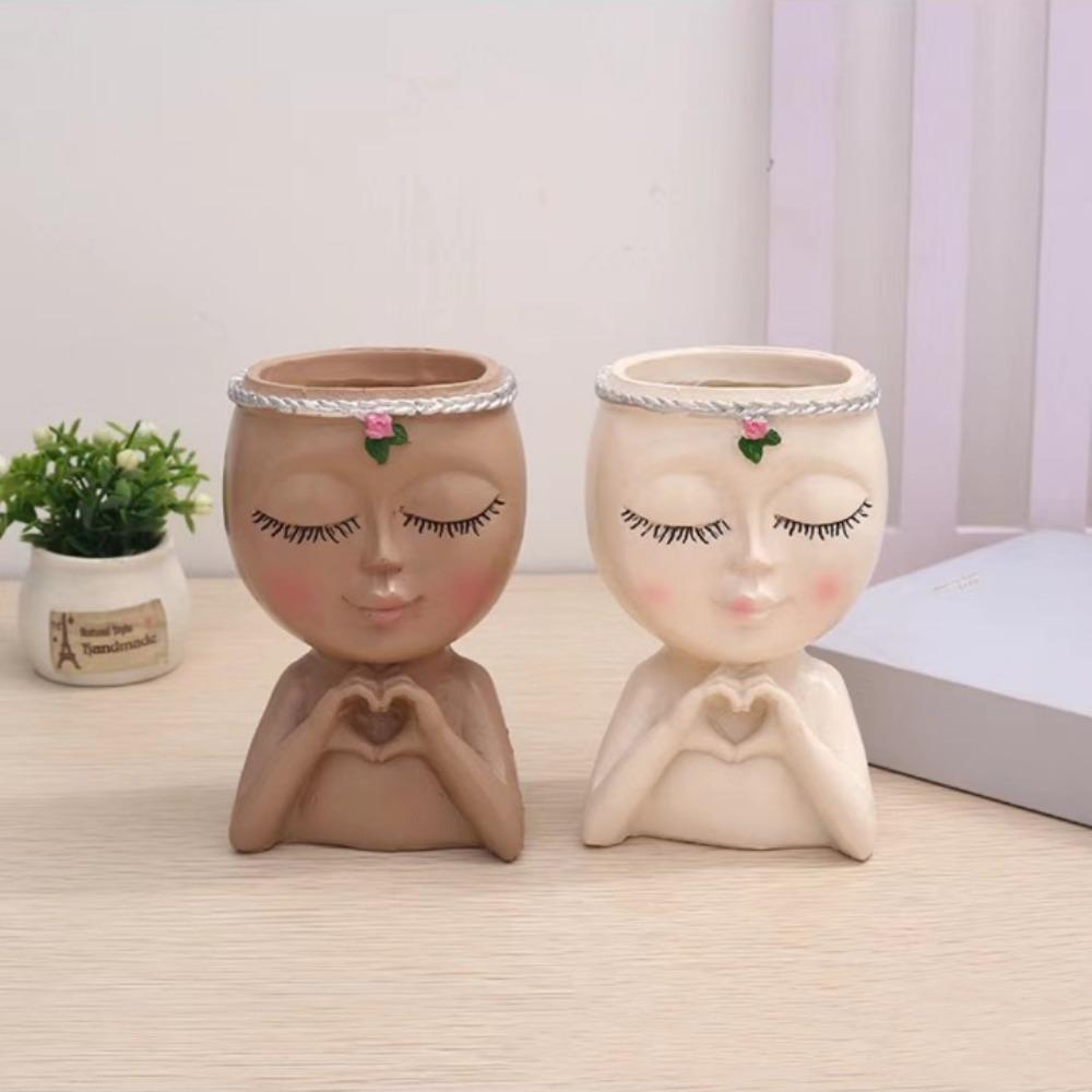 Creative Resin Face Flower Pot with Drainage Hole Loving Little Girl Succulent Planter Gift Cute Desktop Storage Garden Supplies